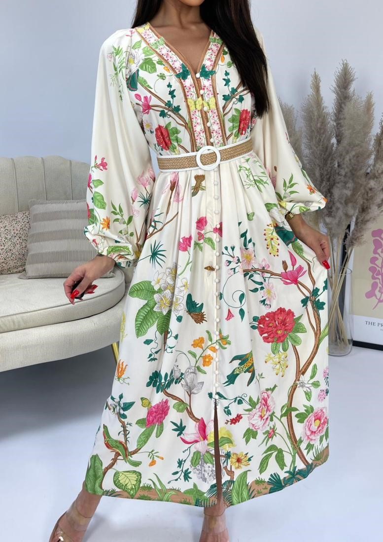 Vestido largo camisero con estampado floral color crema